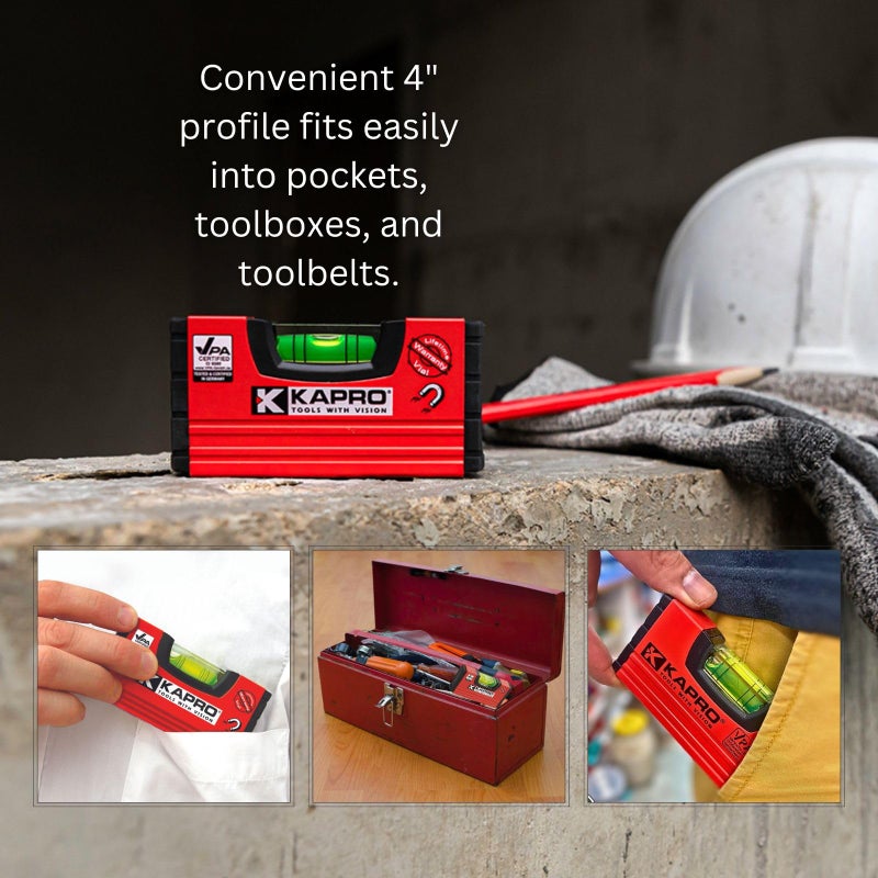 Kapro - 246 Handy Pocket Level - Magnetic - Features VPA Certified & Shock-Resistant Vial - with Rubber End Caps - Pocket-Sized and Compact - Aluminum Box Profile - 4â€ - Image 2